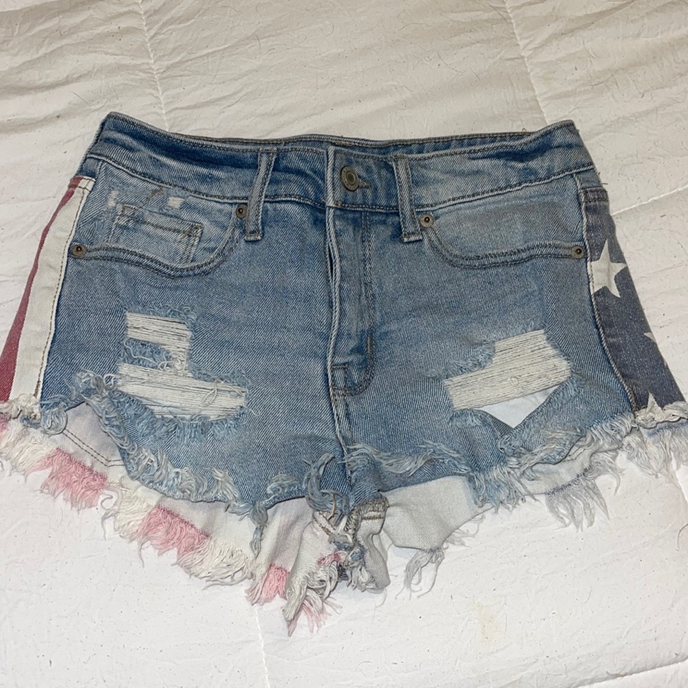 red/white/blue flag denim shorts